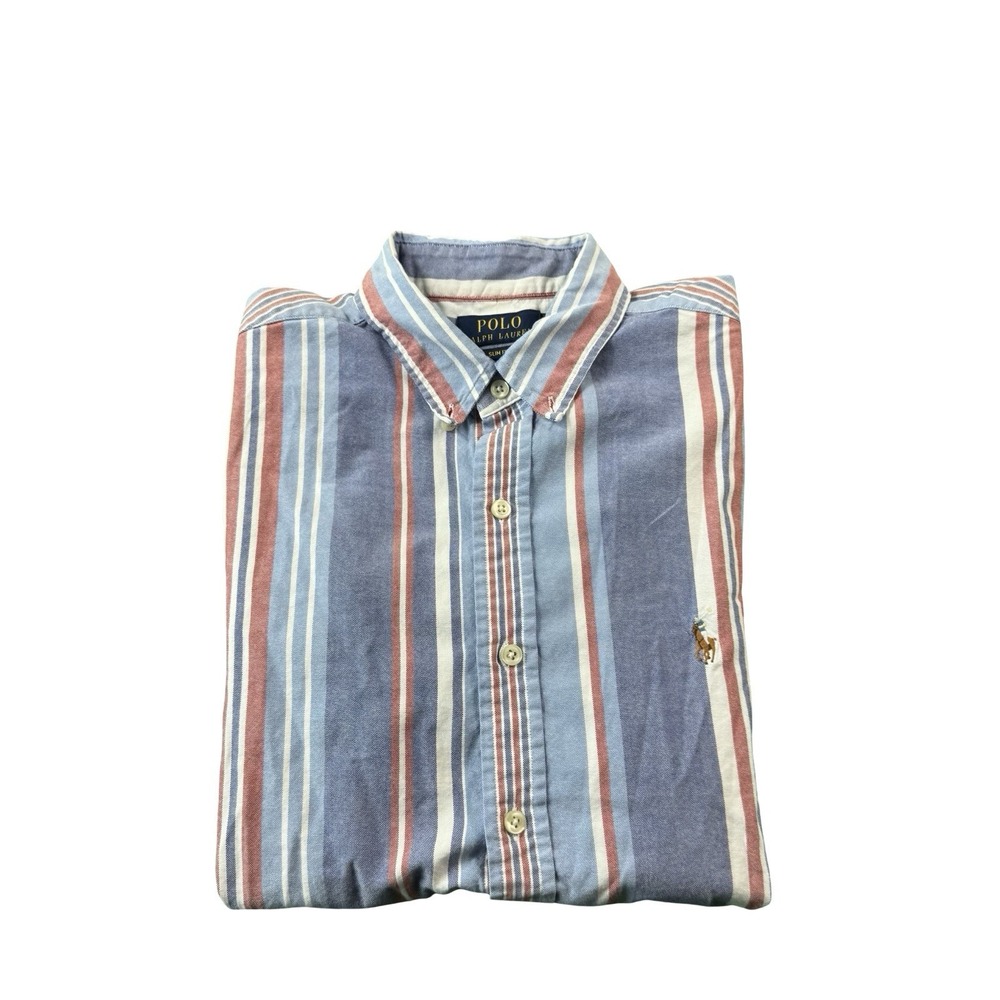 Polo Ralph Lauren Blue Red White Cotton Slim Untucked Stripe S/S Button Front M